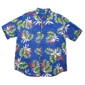 Cubavera Hawaiian Shirt Mens Large Blue Linen Blend Tropical Floral Button Up